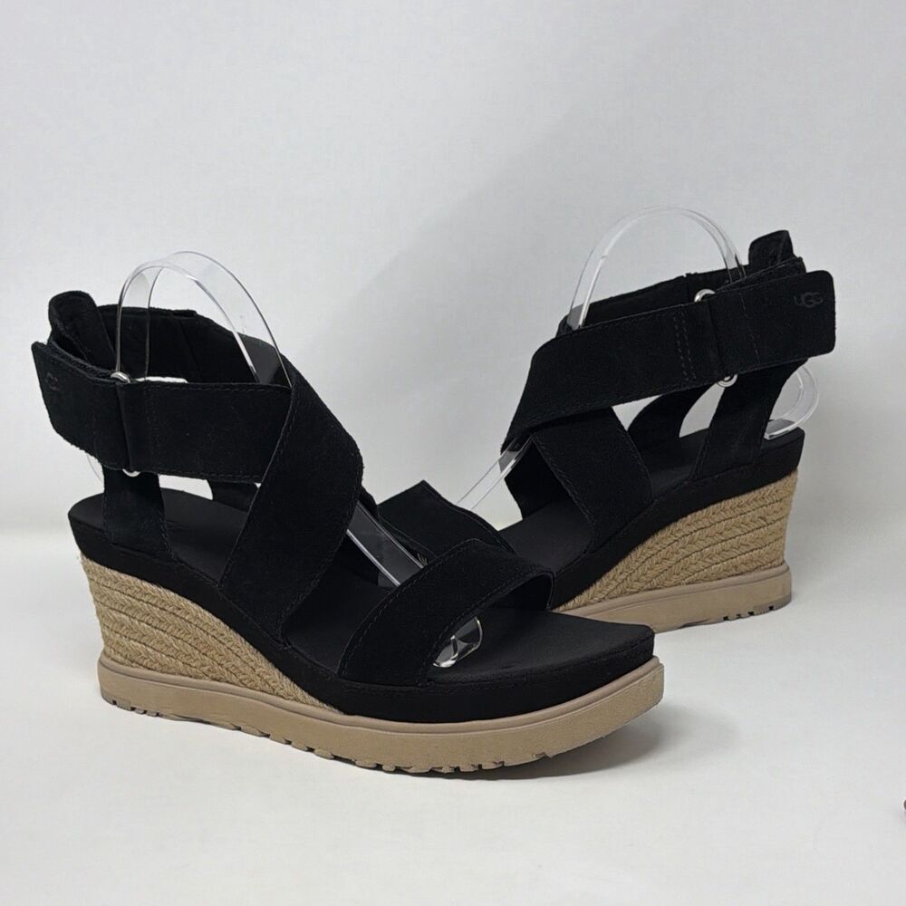 UGG Ileana Ankle Black Suede Espadrille Wedge Sandals Womens 10 EU 41